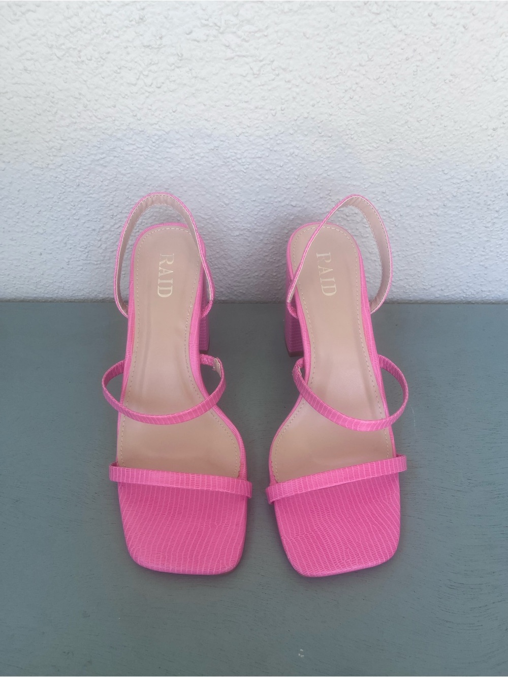 Pink Strappy Block Heel Sandals Faux Croc, NWOT